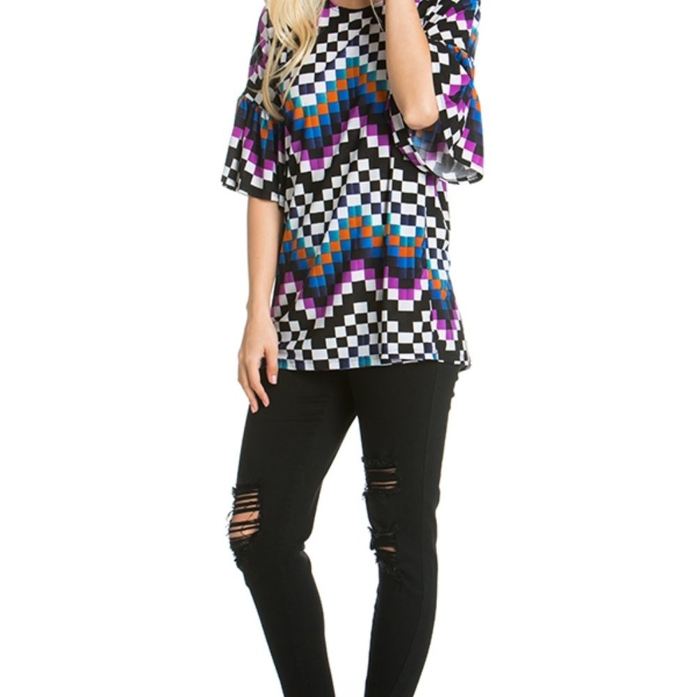 Azules Chevron Multi-Color O'Neck Bell Sleeve Career Top Large
